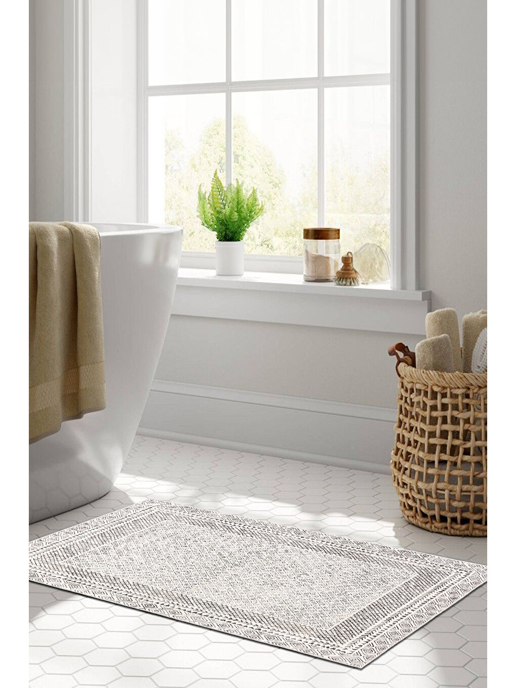 Bej Dekoratif Özel Tasarım Yıkanabilir İnce Kaymaz Tabanlı Modern Halı KECE FR32-3