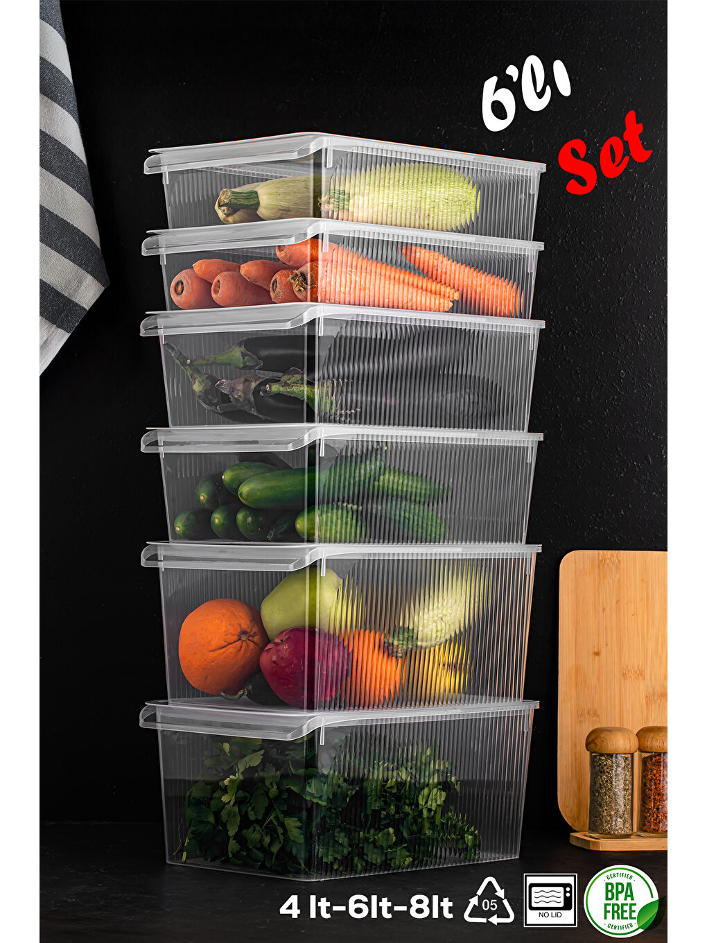 Renksiz 6 Adet Kapaklı Dolap İçi ve Buzdolabı İçi Düzenleyici Banyo Mutfak Organizeri 2şer adet 4-6-8 Litre