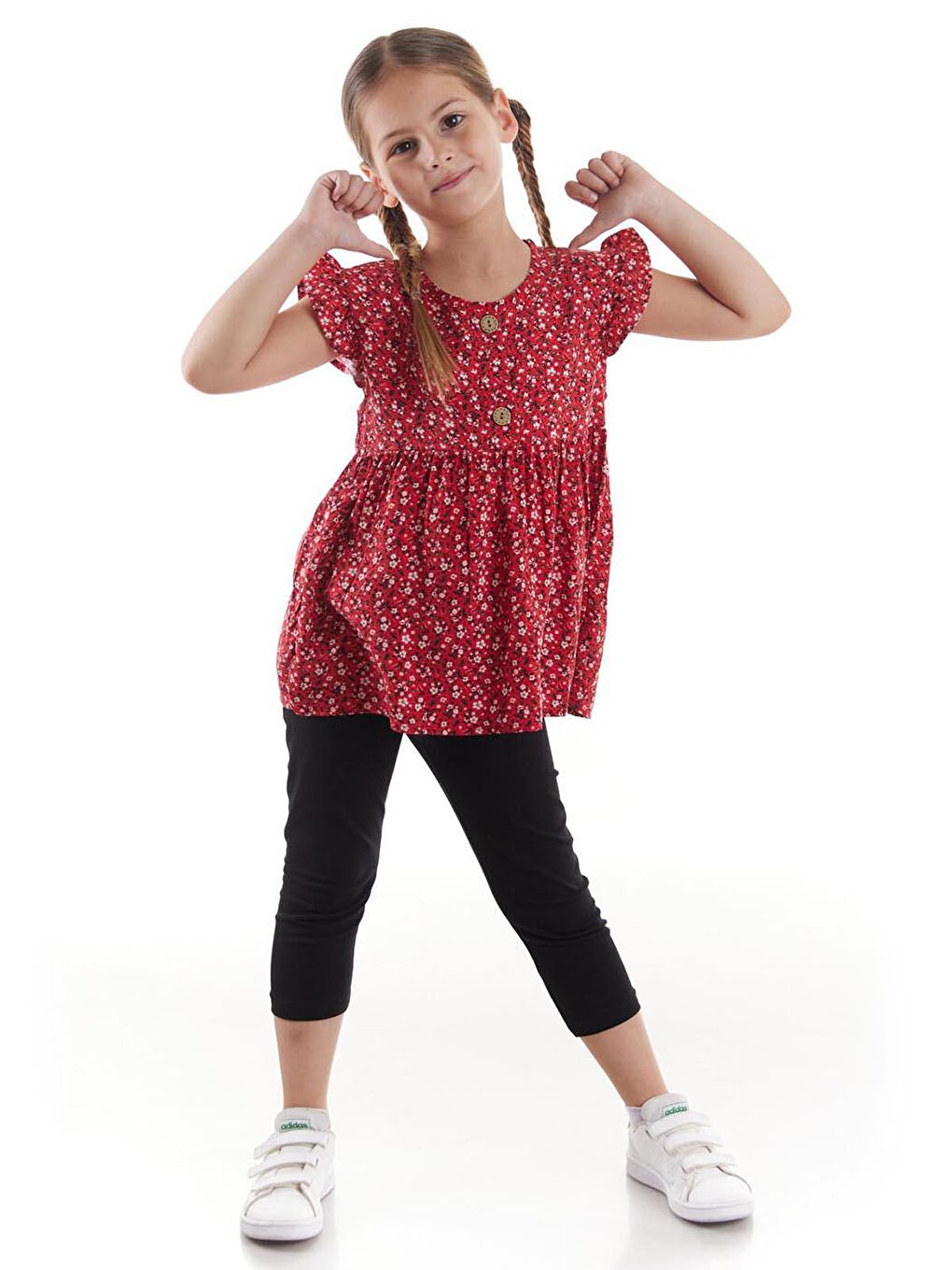 Kırmızı Kız Çocuk Takım Vizkon Baskılı Taytlı Alt Üst Takım Pamuklu Ak2522