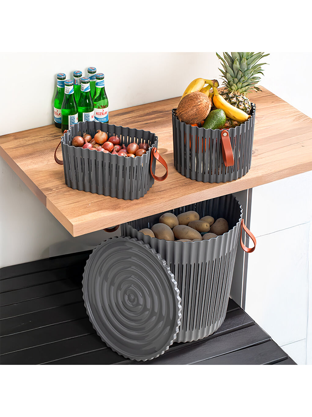 4314 Antrasit 3'lü Sepet Seti – Banyo Mutfak Organizeri, Tezgah Üstü ve Kirli Çamaşır Sepeti-1