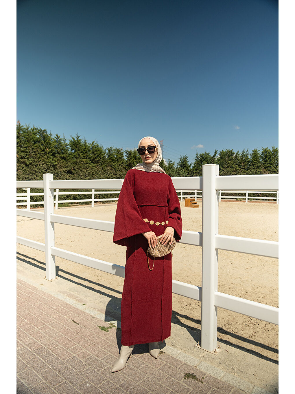 Kadın Kendinden Desenli Kraş Elbise Bordo-2