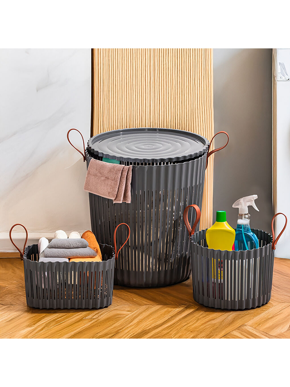 4314 Antrasit 3'lü Sepet Seti – Banyo Mutfak Organizeri, Tezgah Üstü ve Kirli Çamaşır Sepeti-2