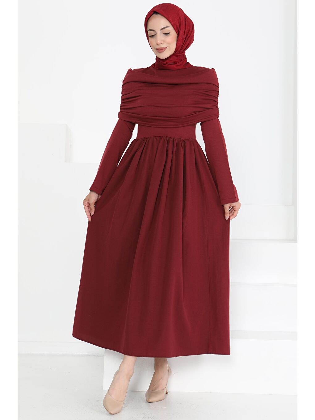 Üstü Şal Detaylı Elbise Bordo - 27282