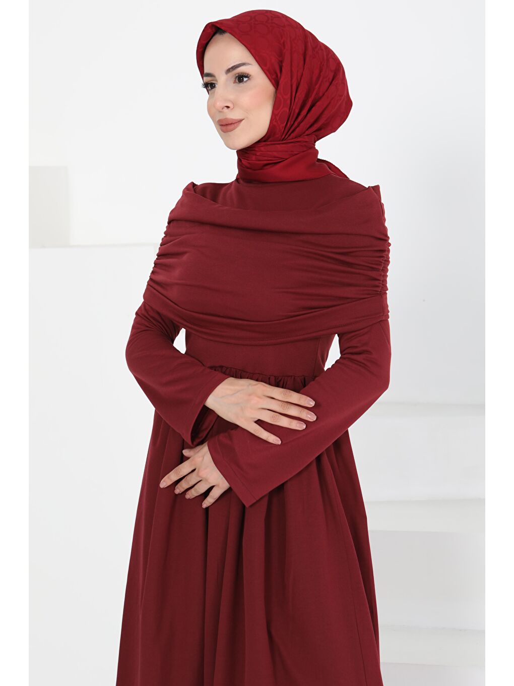 Üstü Şal Detaylı Elbise Bordo - 27282-1