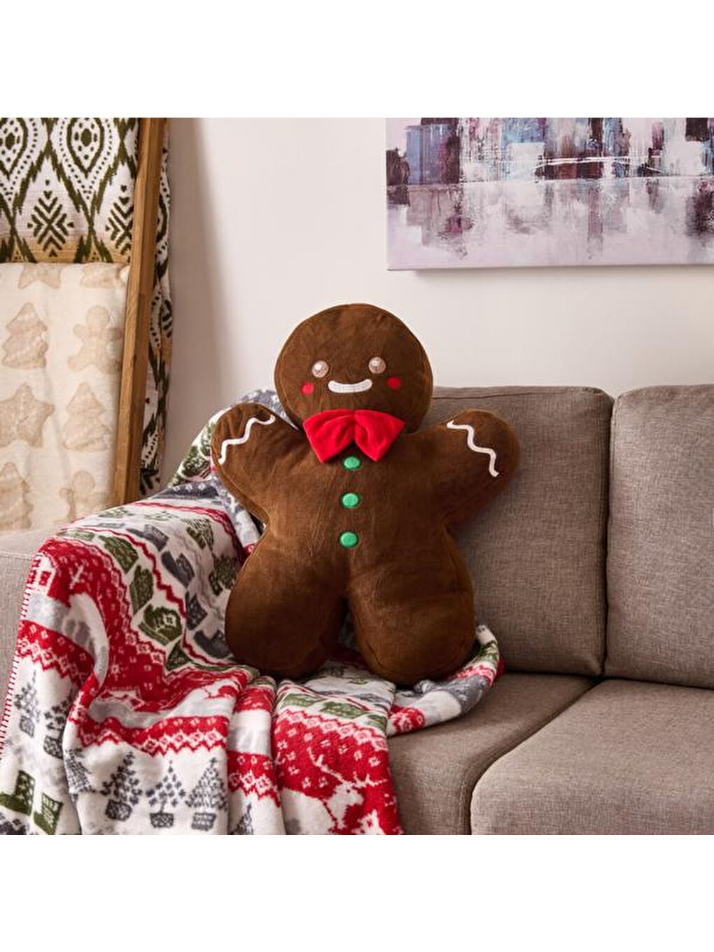 Soft Kurabiye Adam Figürlü Yastık - Kahverengi - 60x50 cm