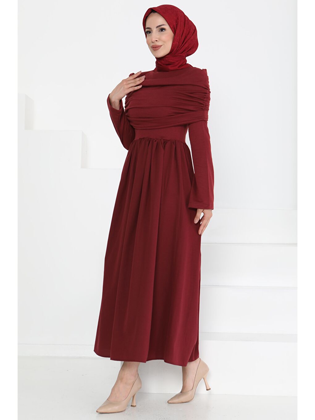 Üstü Şal Detaylı Elbise Bordo - 27282-2