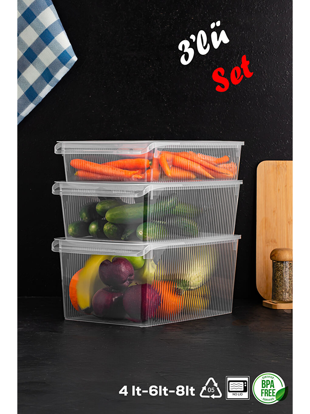 Renksiz 3 Adet Kapaklı Dolap İçi ve Buzdolabı İçi Düzenleyici Banyo Mutfak Organizeri 1er adet 4-6-8 Litre