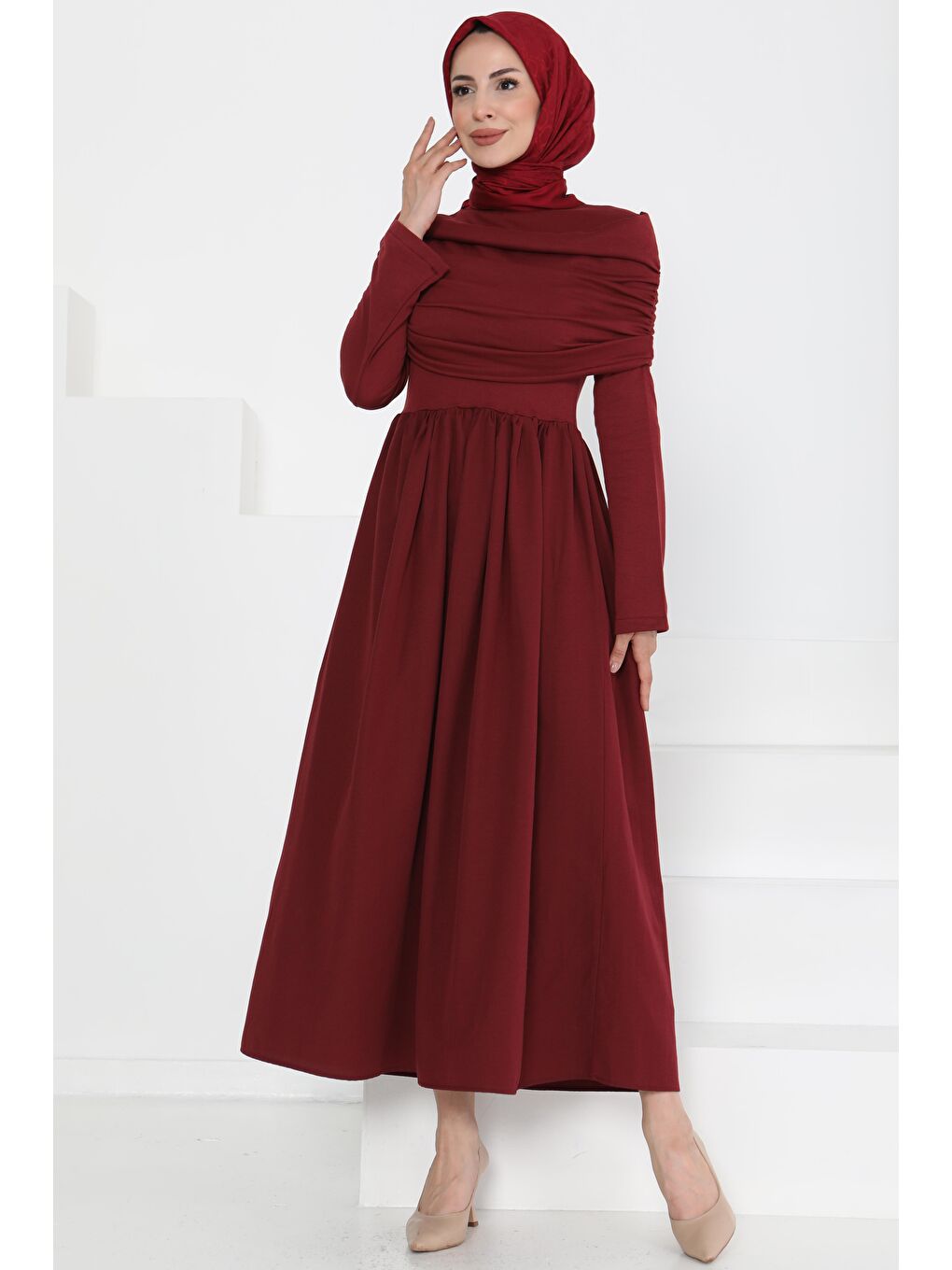 Üstü Şal Detaylı Elbise Bordo - 27282-3