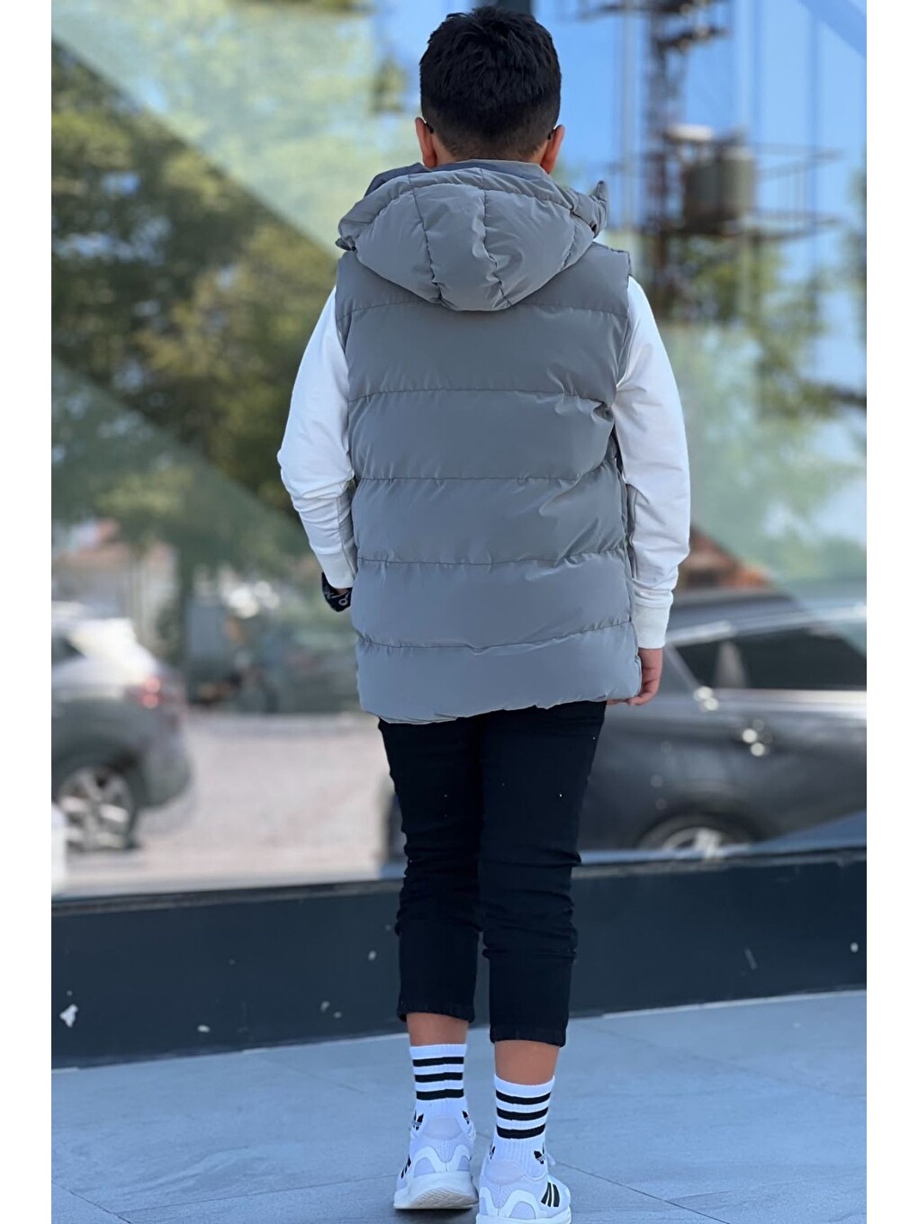 Gri Erkek Çocuk Çıtçıt Kapüşonlu Nova Kumaş Şişme Yelek Ylk3026-3