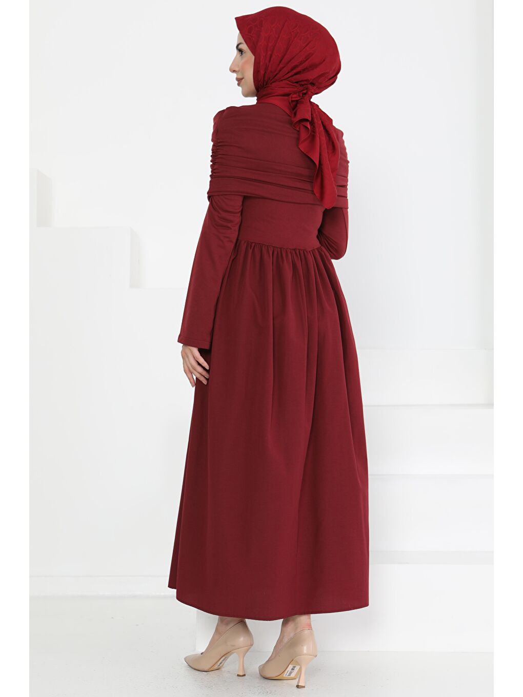 Üstü Şal Detaylı Elbise Bordo - 27282-5