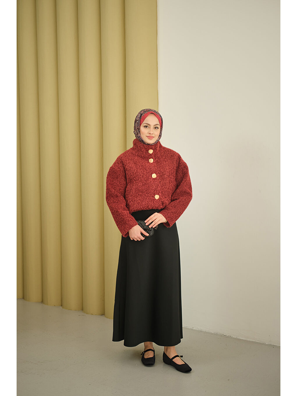 Kadın Düğmeli Kısa Keçe Kaban Bordo-1