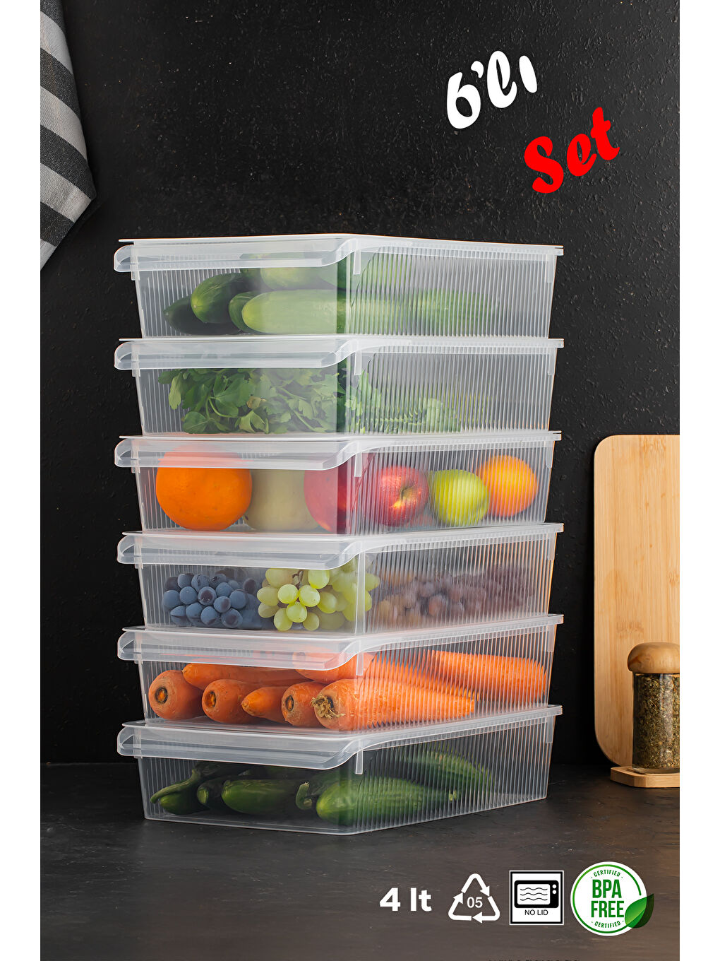 Renksiz 3183 6 Adet Kapaklı Dolap İçi ve Buzdolabı İçi Düzenleyici Banyo Mutfak Organizeri 4 Litre-1