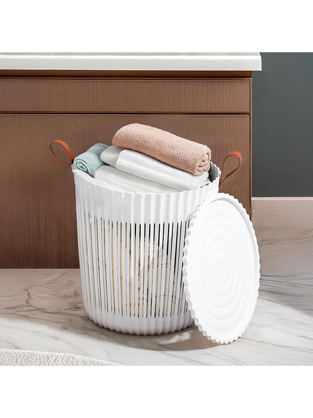 4316 Beyaz 3'lü Sepet Seti – Banyo Mutfak Organizeri, Tezgah Üstü ve Kirli Çamaşır Sepeti-7