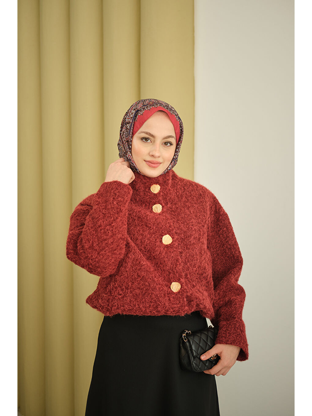 Kadın Düğmeli Kısa Keçe Kaban Bordo-2