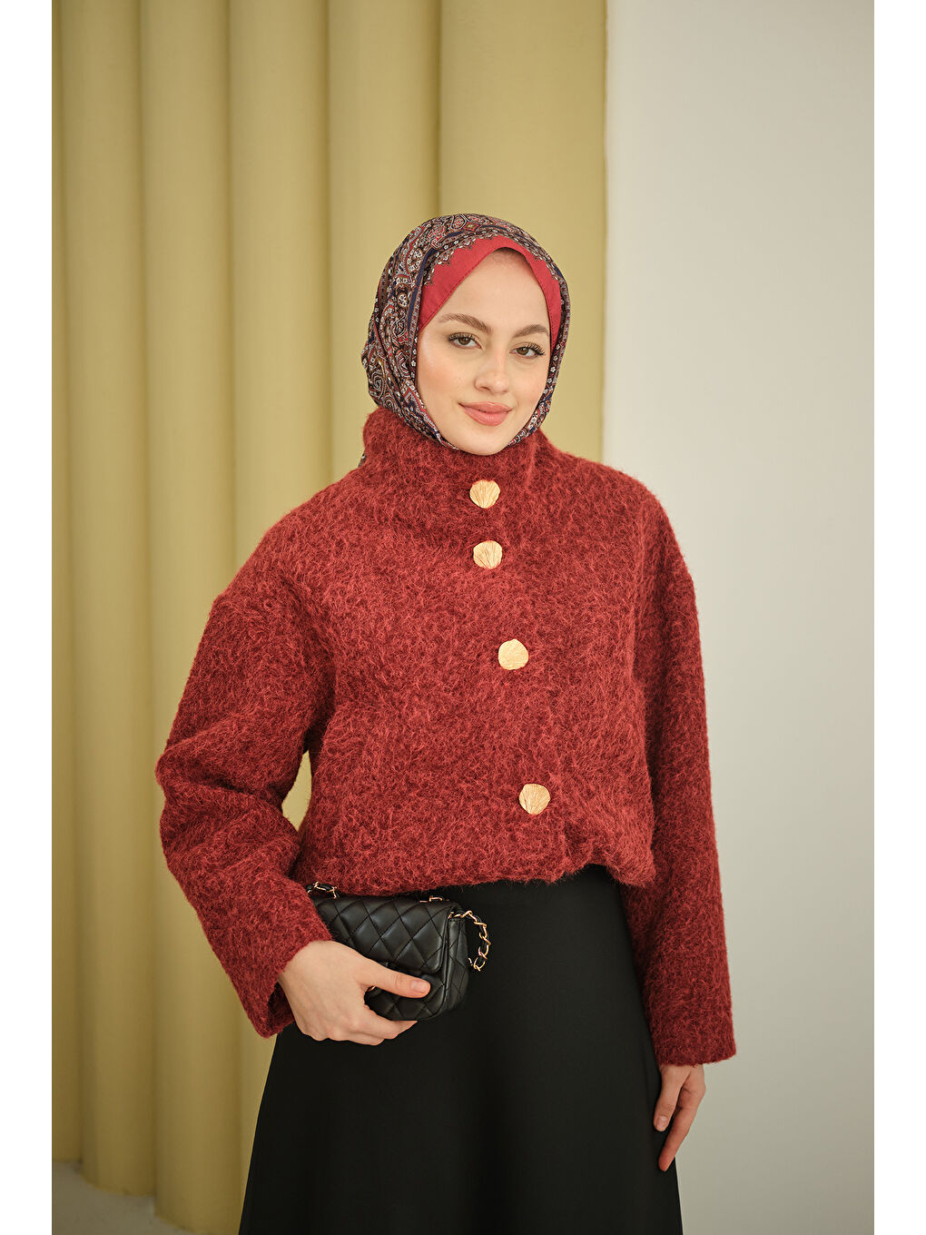 Kadın Düğmeli Kısa Keçe Kaban Bordo-3