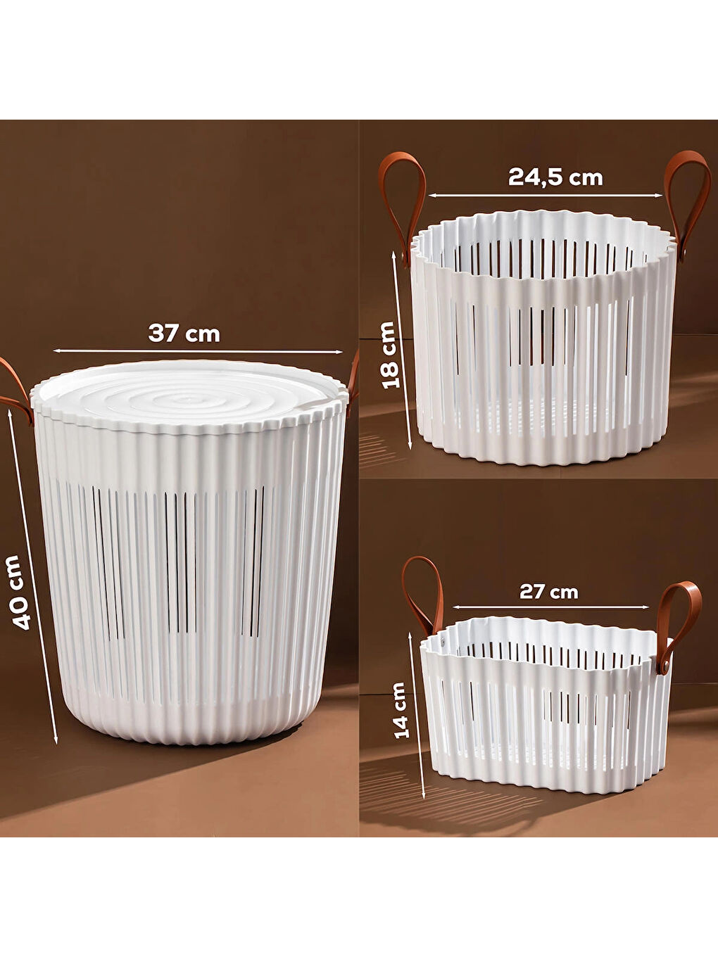 4316 Beyaz 3'lü Sepet Seti – Banyo Mutfak Organizeri, Tezgah Üstü ve Kirli Çamaşır Sepeti-8