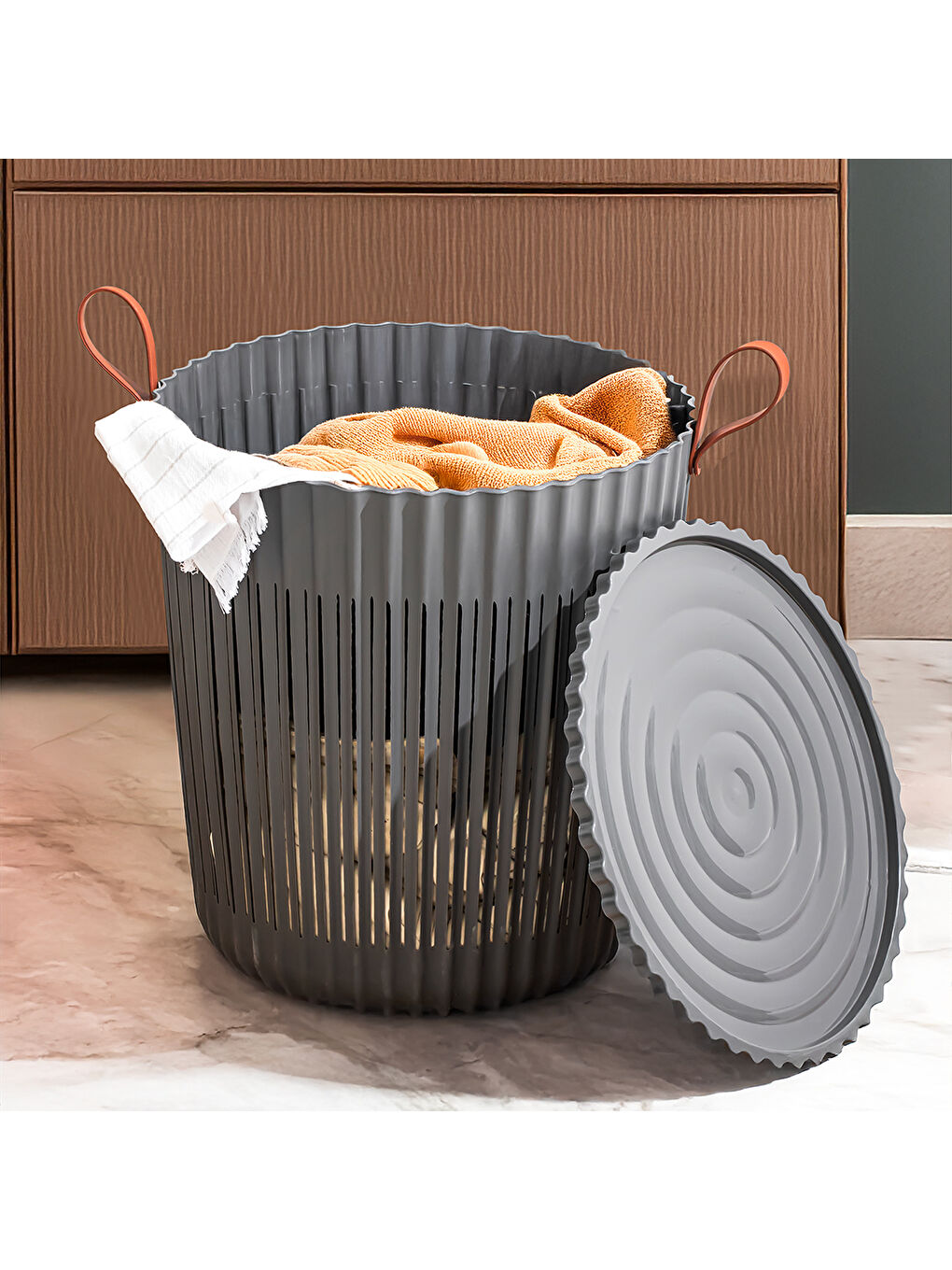 4314 Antrasit 3'lü Sepet Seti – Banyo Mutfak Organizeri, Tezgah Üstü ve Kirli Çamaşır Sepeti-7