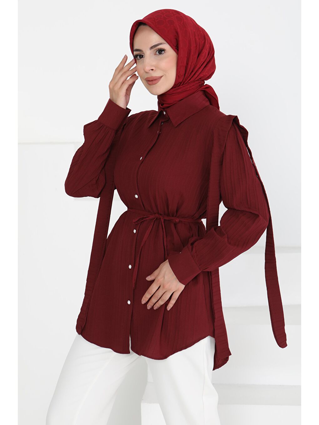 Omuz Bağlama Detaylı Tunik Bordo - 27195-1