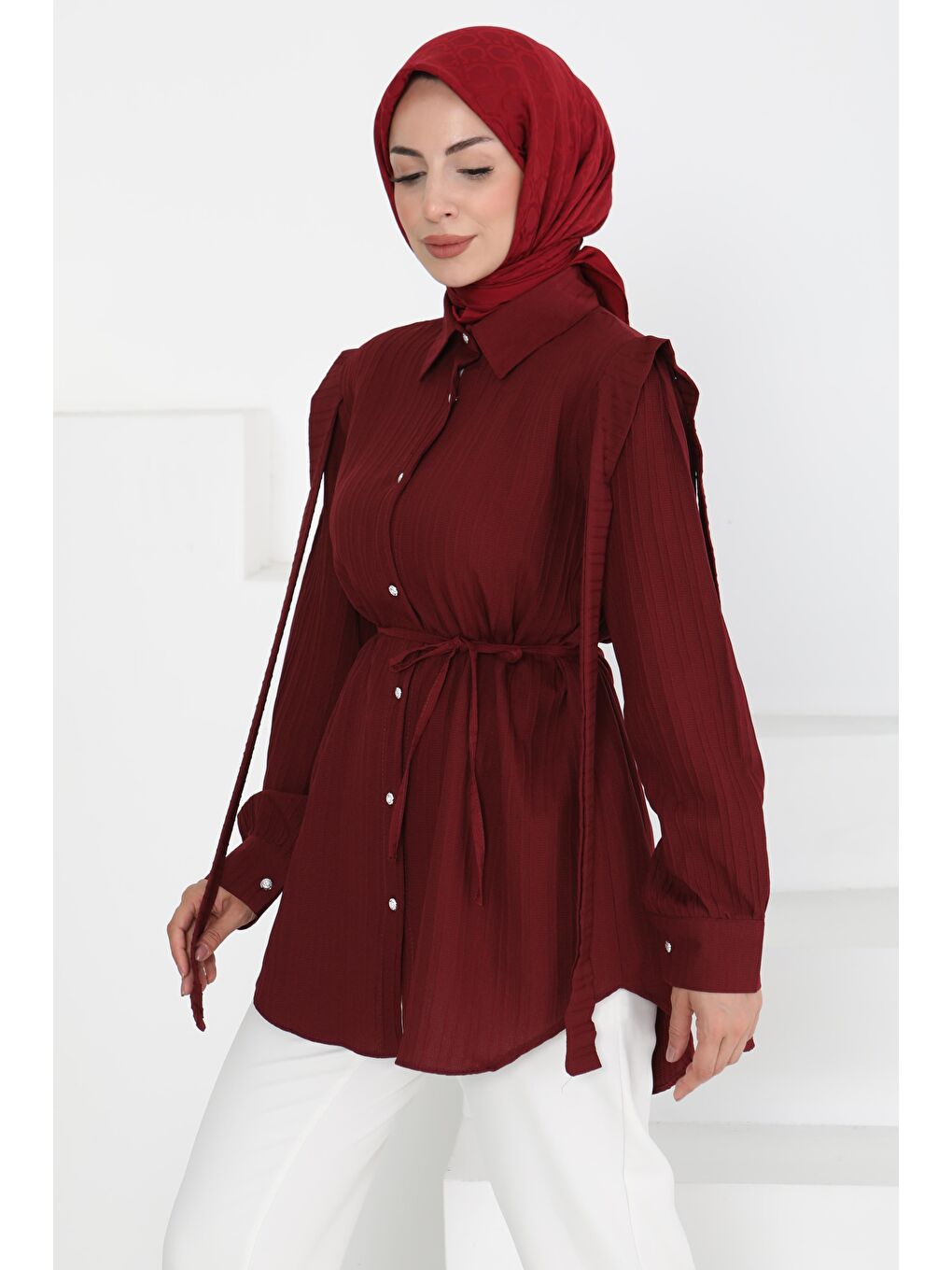 Omuz Bağlama Detaylı Tunik Bordo - 27195-2