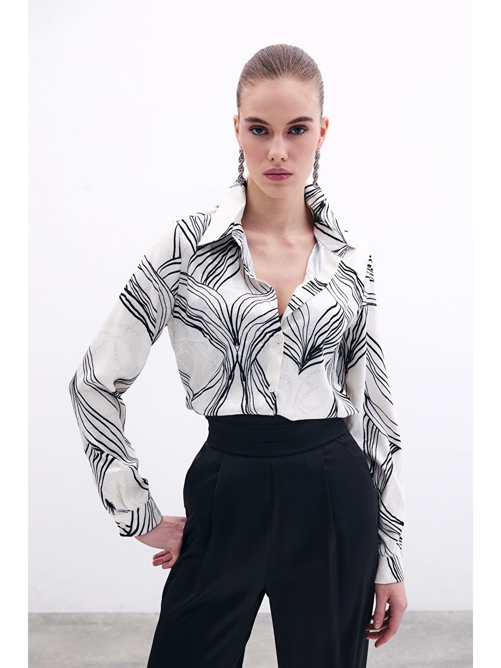 SATEEN Desenli Saten Gömlek - Siyah
