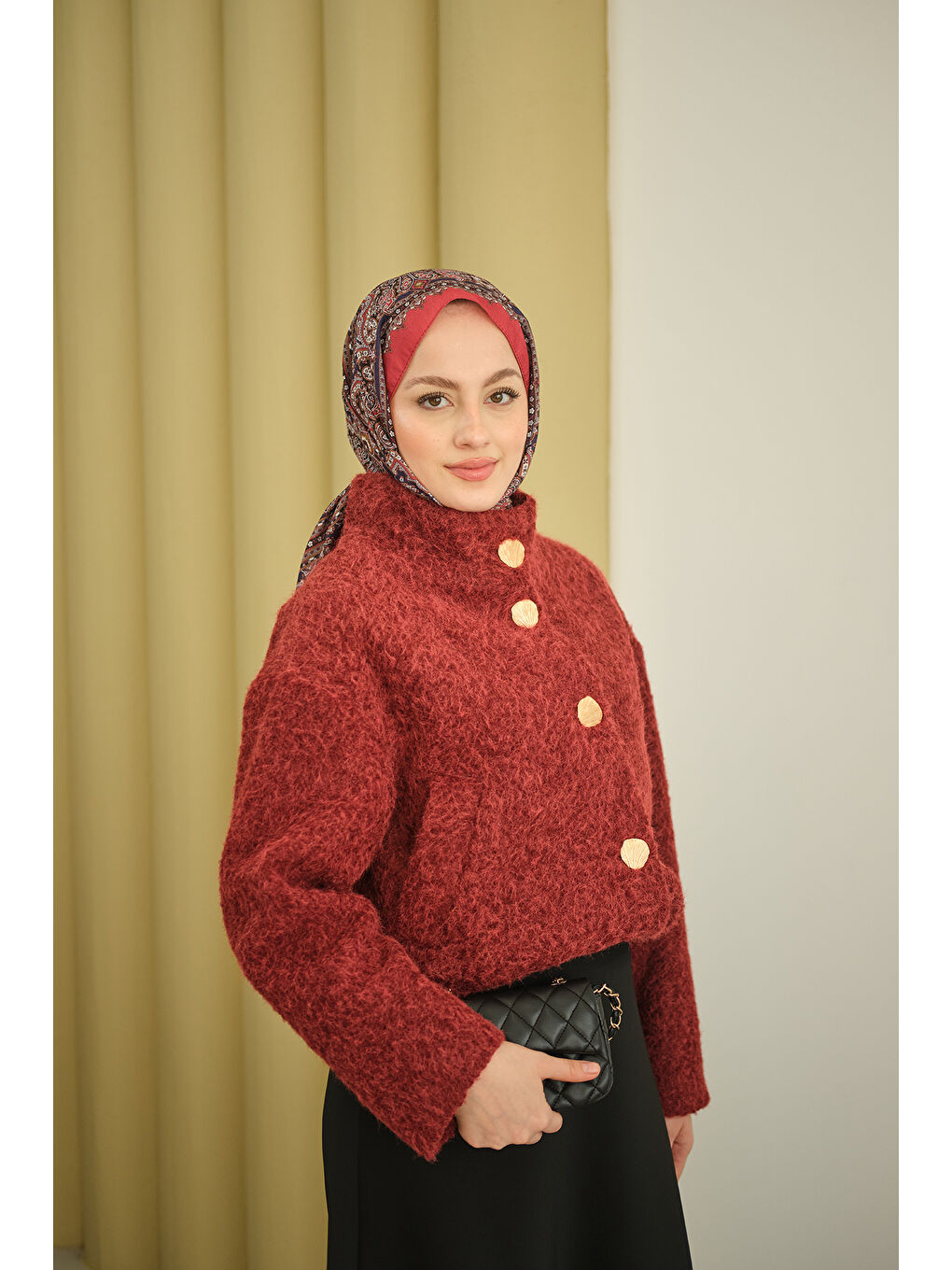 Kadın Düğmeli Kısa Keçe Kaban Bordo-4