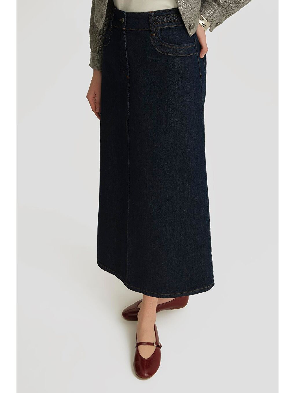 Örgü Detaylı Denim Etek 25Yd9122 Koyu Lacivert-3