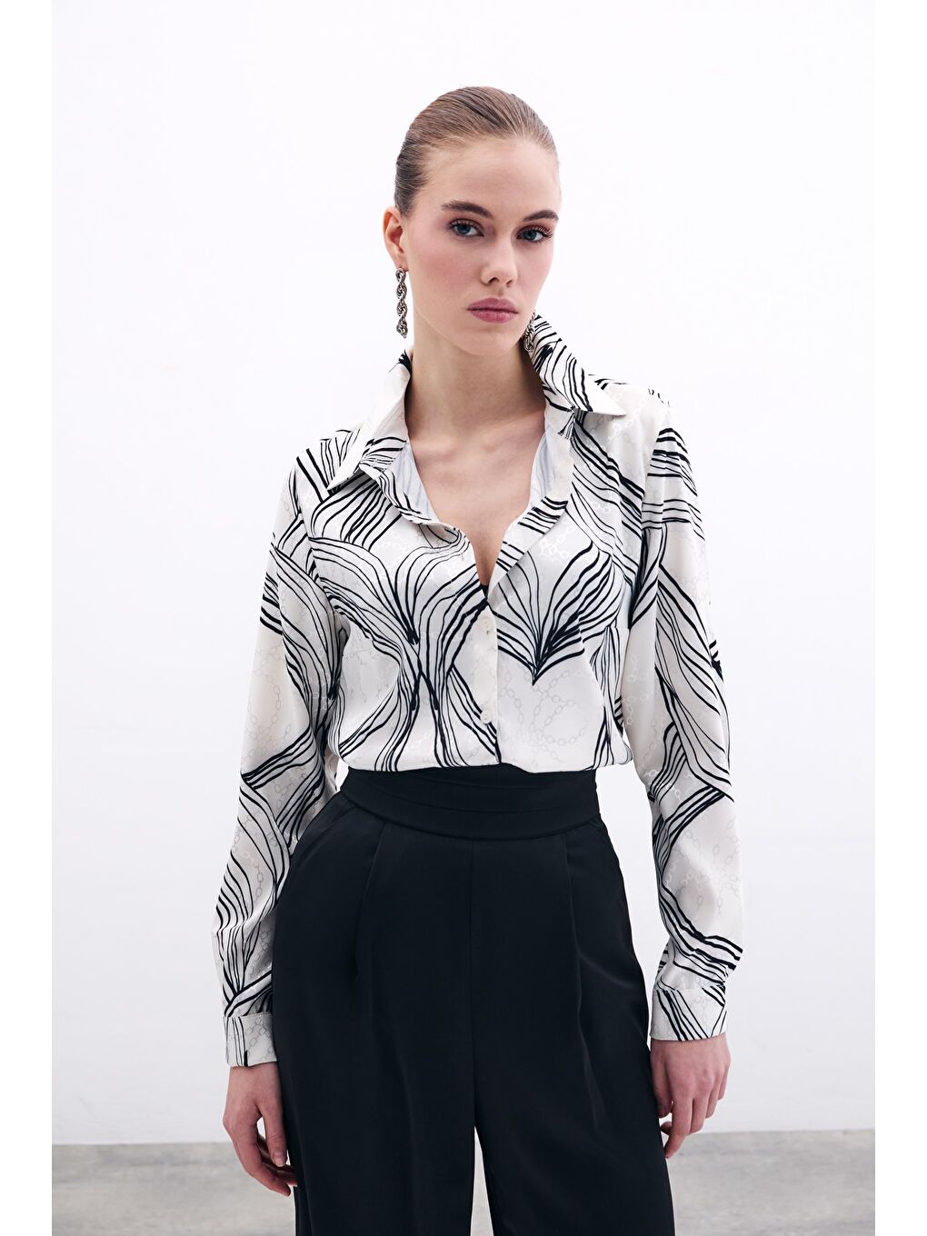 SATEEN Desenli Saten Gömlek - Siyah - 2