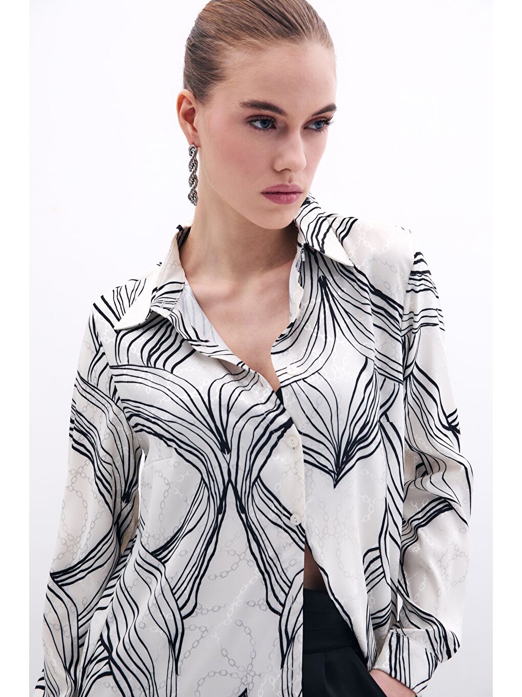 SATEEN Desenli Saten Gömlek - Siyah - 4