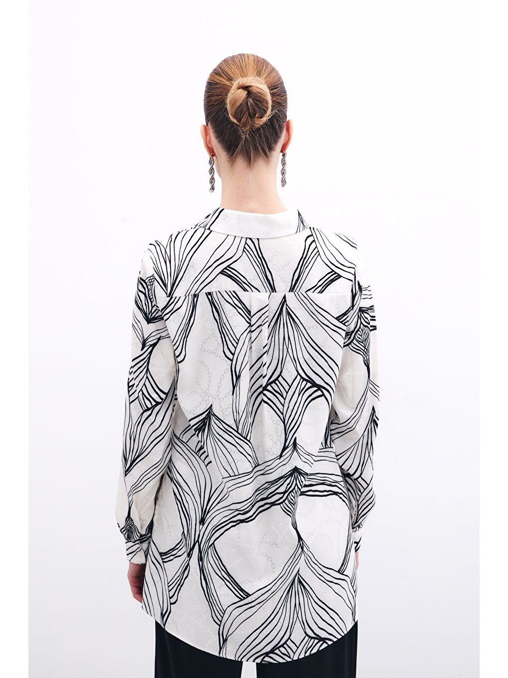 SATEEN Desenli Saten Gömlek - Siyah - 5