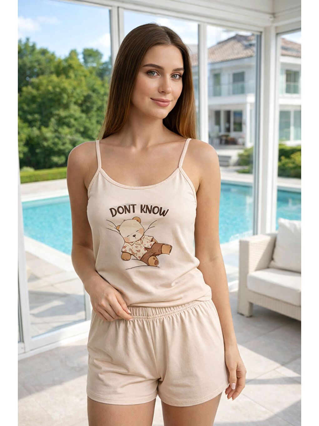 Ekru Kadın Askılı Şortlu Milan Kumaş Pijama Takımı 50124-4097 Krem01-1