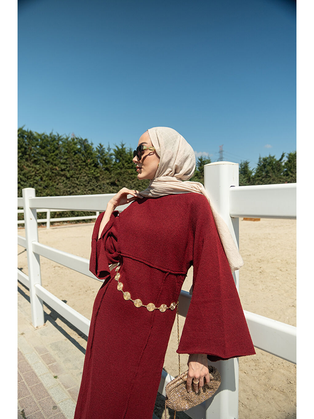 Kadın Kendinden Desenli Kraş Elbise Bordo-4