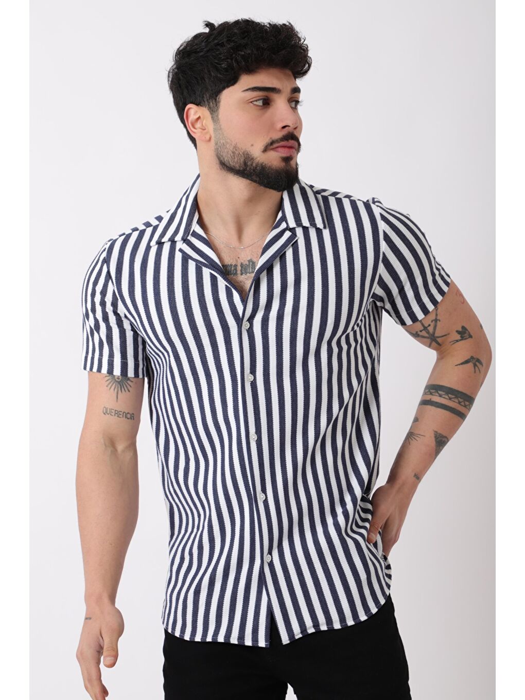 Lacivert Apaç Yaka Çizgili Ottoman Kısa Kol Gömlek JL_40364