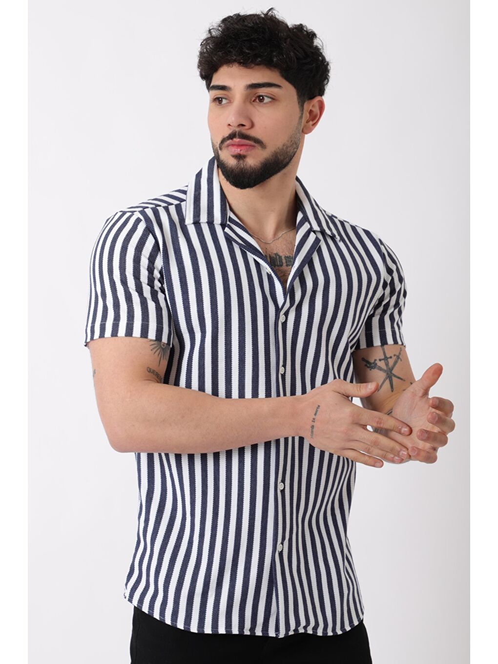 Lacivert Apaç Yaka Çizgili Ottoman Kısa Kol Gömlek JL_40364-1