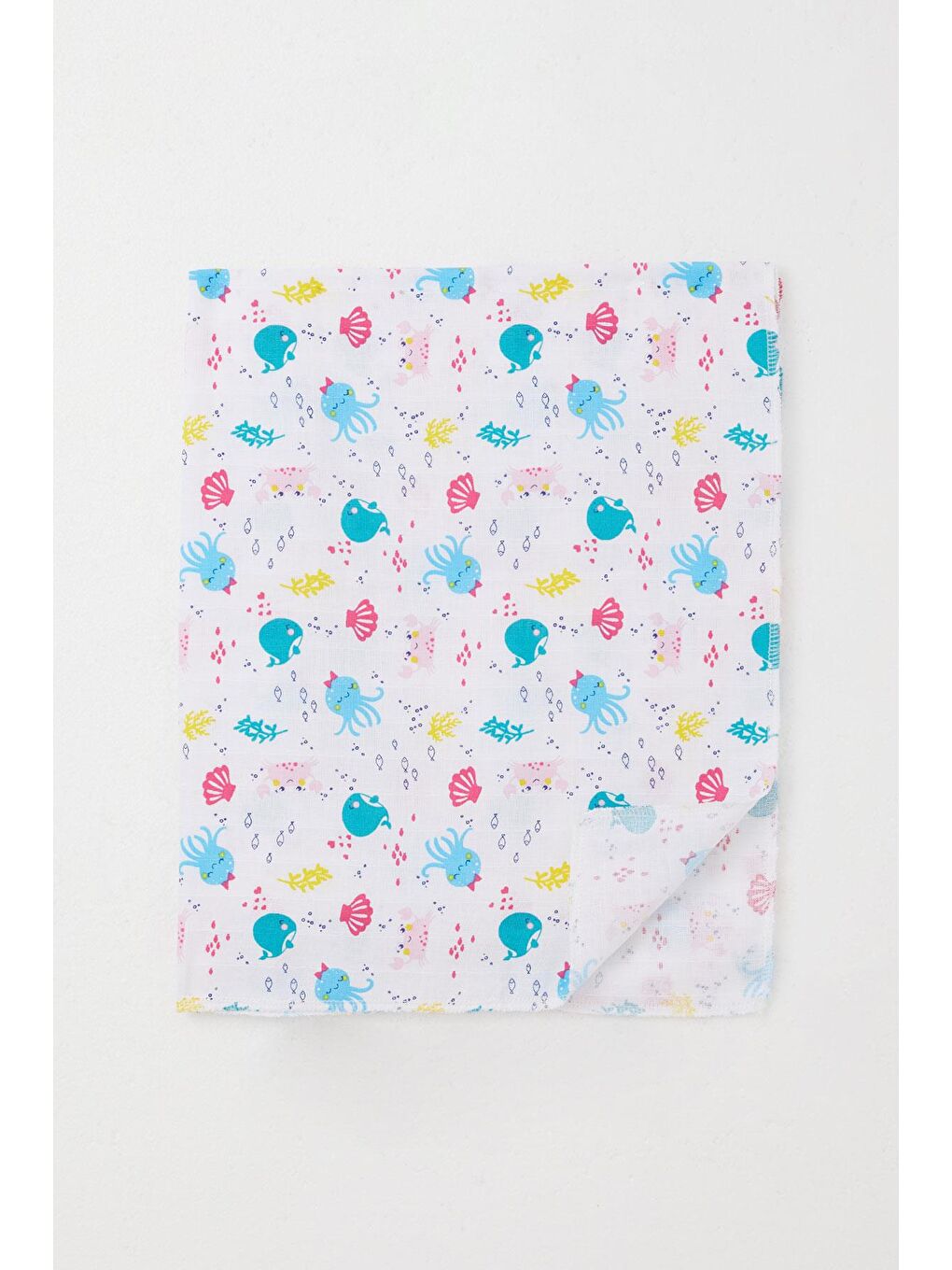 Yenidoğan Bebek Müslin Battaniye Sevimli Deniz Hayvanları Desenli Beyaz (77 X 94 Cm)-1