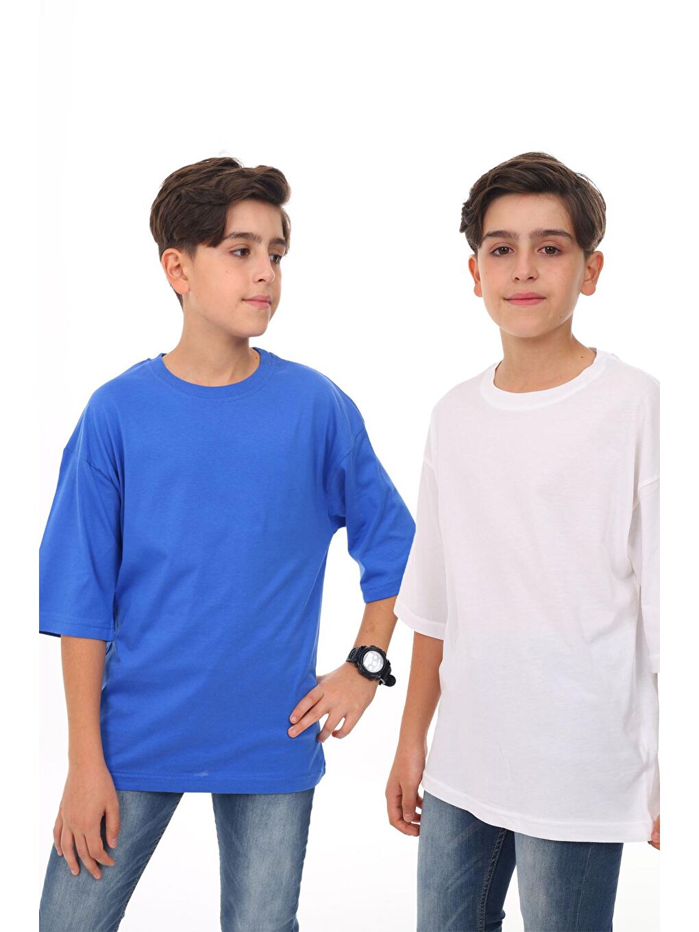 Mavi - Beyaz Düz Bisiklet Yaka 2'li Erkek Tişört 18044