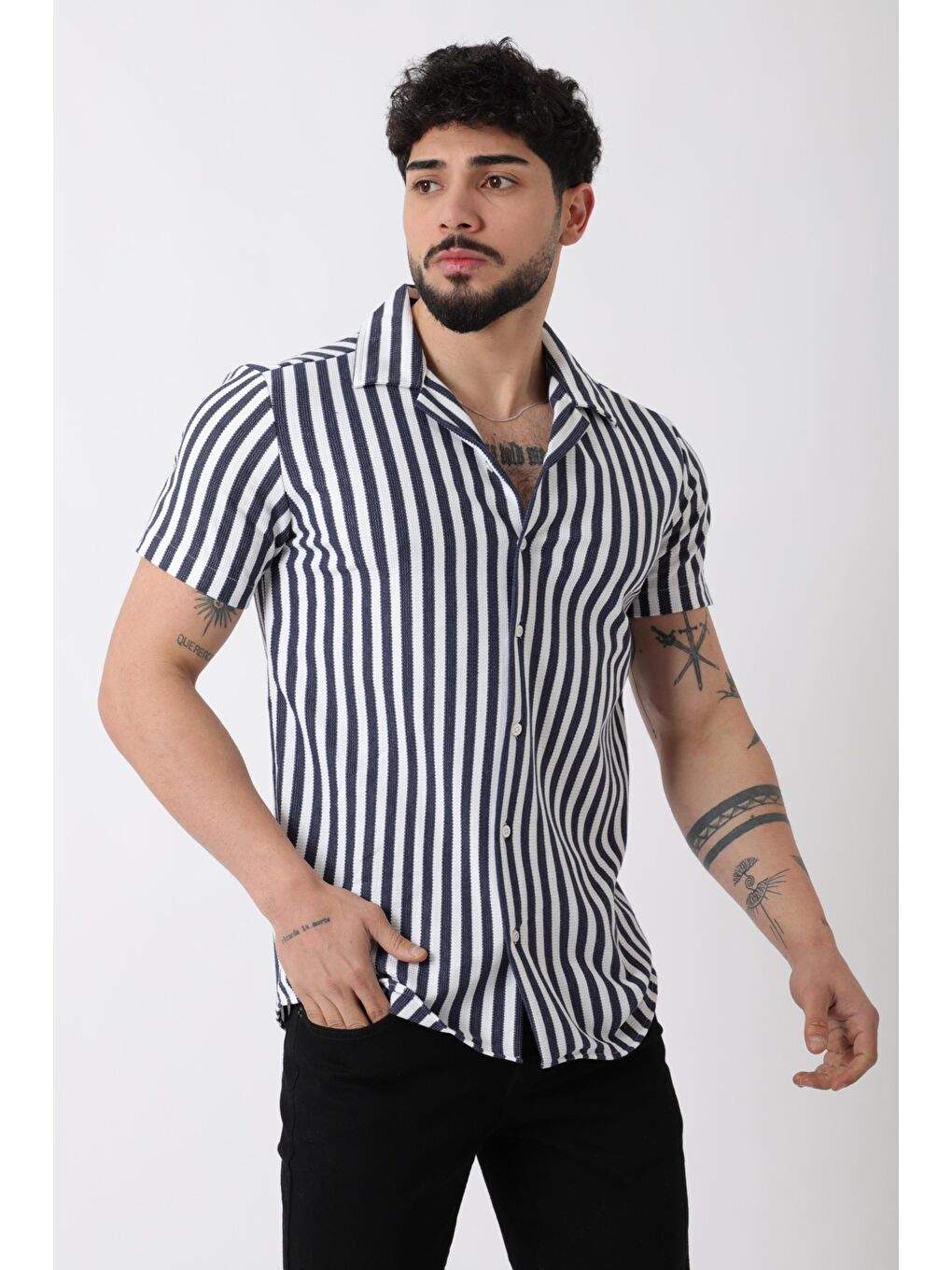 Lacivert Apaç Yaka Çizgili Ottoman Kısa Kol Gömlek JL_40364-2