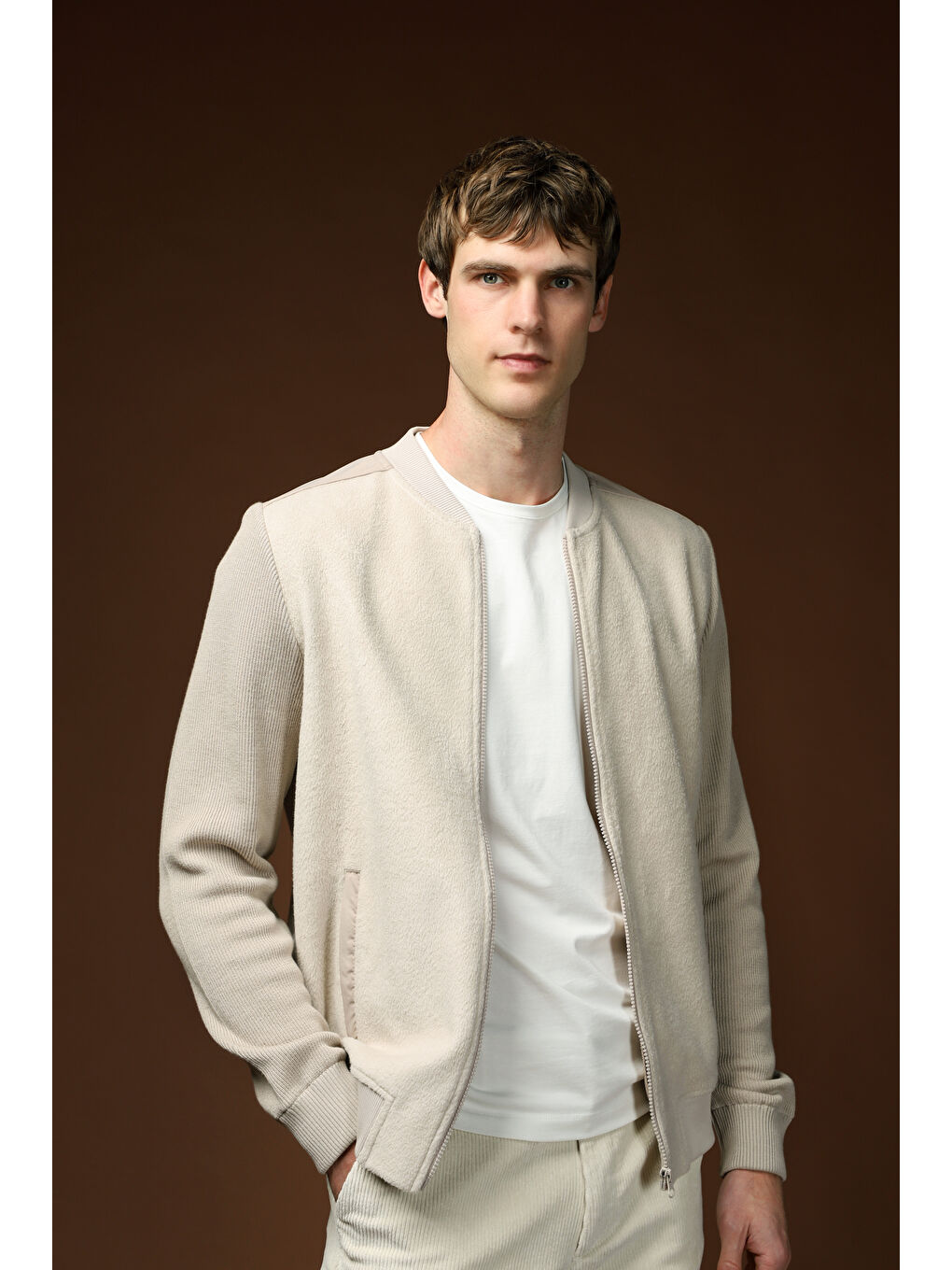 Bej Pamuklu   Erkek Polar Fermuarlı Sweatshirt Hırka Sweat Hırka