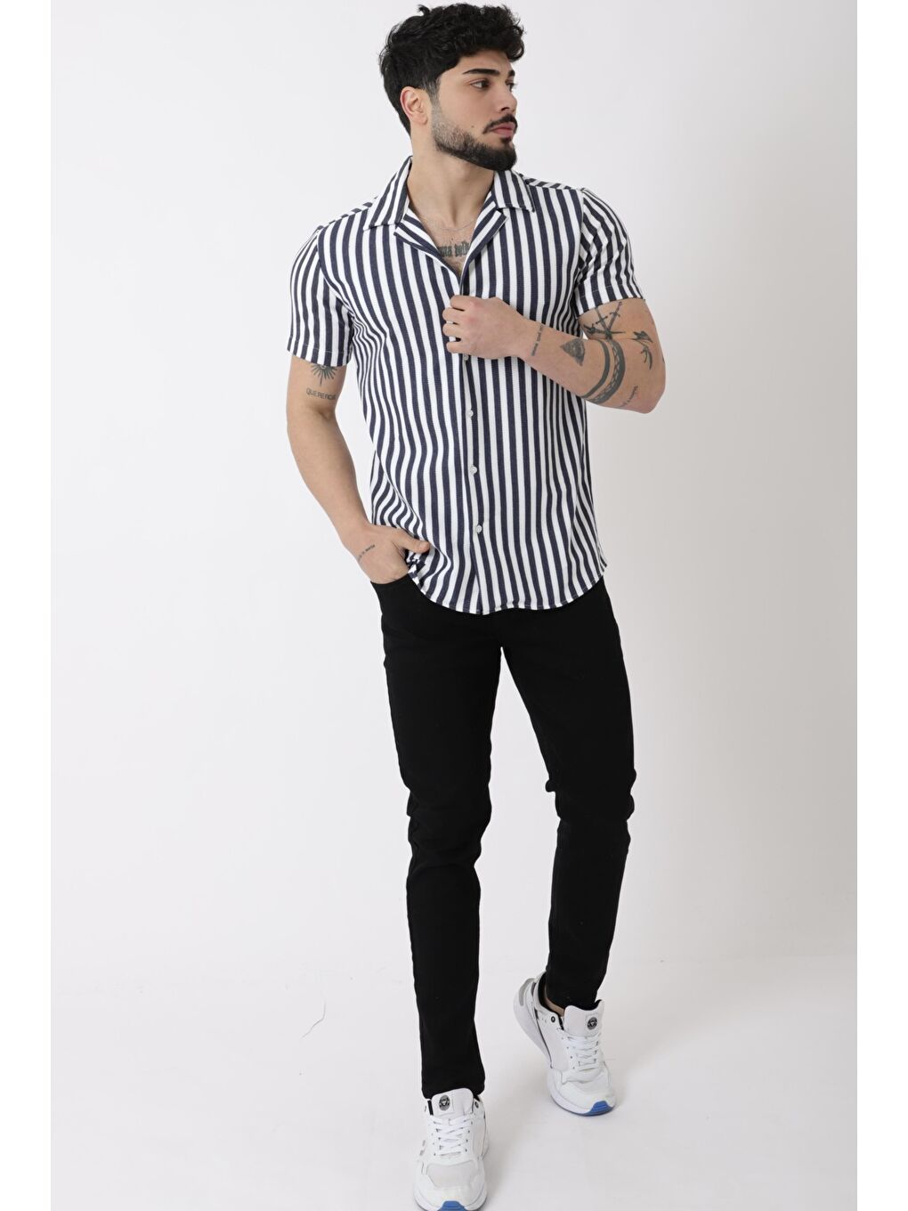 Lacivert Apaç Yaka Çizgili Ottoman Kısa Kol Gömlek JL_40364-3