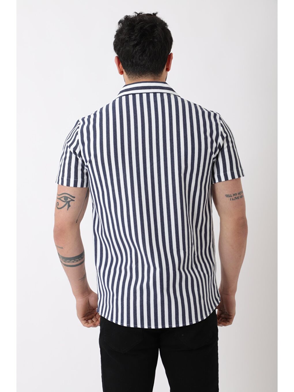 Lacivert Apaç Yaka Çizgili Ottoman Kısa Kol Gömlek JL_40364-4