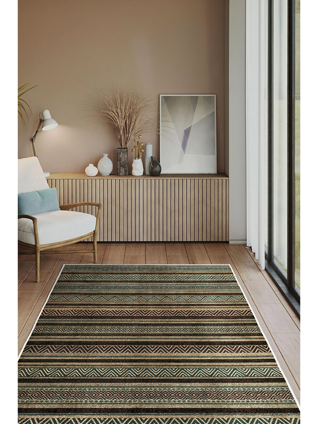 Kahverengi Dekoratif Özel Tasarım Yıkanabilir İnce Kaymaz Tabanlı Modern Halı KECE FR35-2