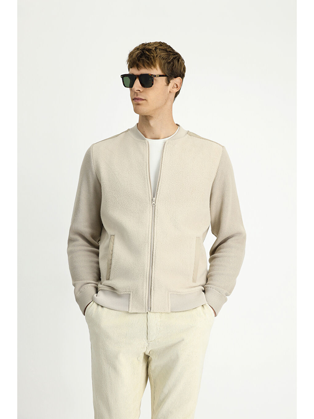 Bej Pamuklu   Erkek Polar Fermuarlı Sweatshirt Hırka Sweat Hırka-1