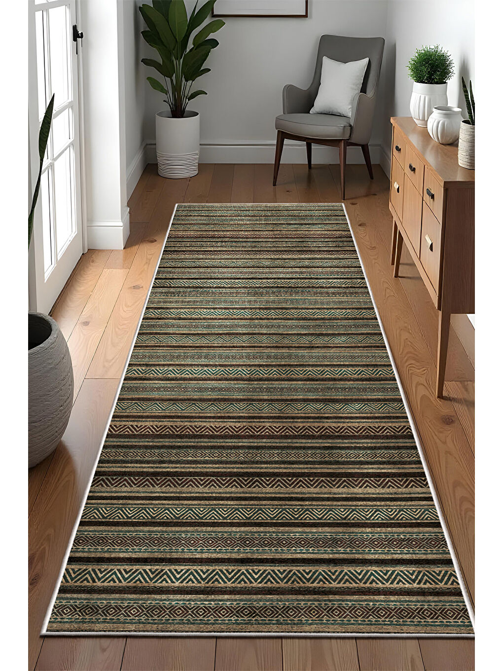 Kahverengi Dekoratif Özel Tasarım Yıkanabilir İnce Kaymaz Tabanlı Modern Halı KECE FR35-4