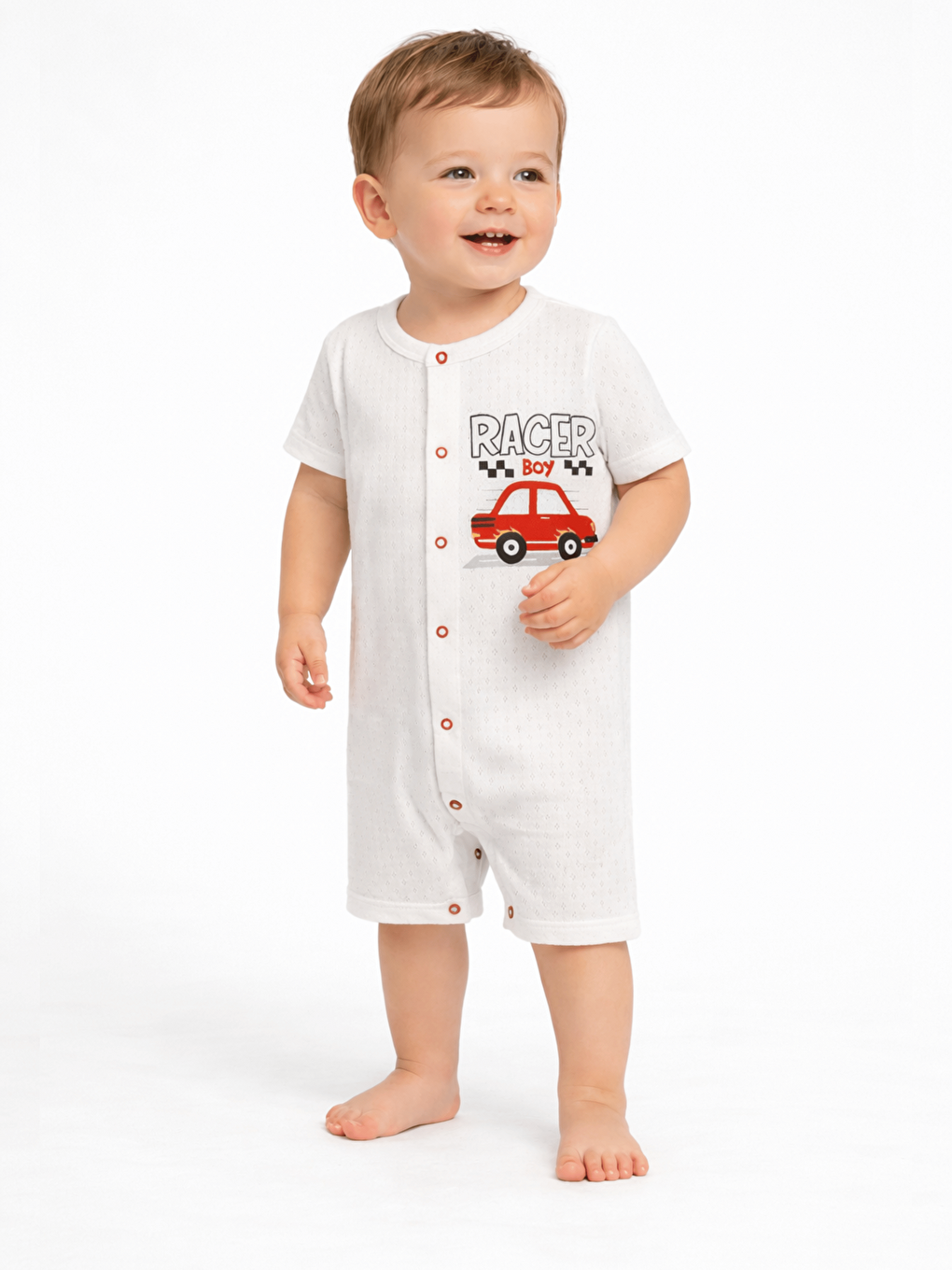 Ekru Bisiklet Yaka Baskılı Erkek Bebek Jakarlı Kısa Tulum