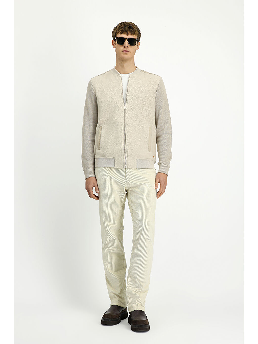 Bej Pamuklu   Erkek Polar Fermuarlı Sweatshirt Hırka Sweat Hırka-2