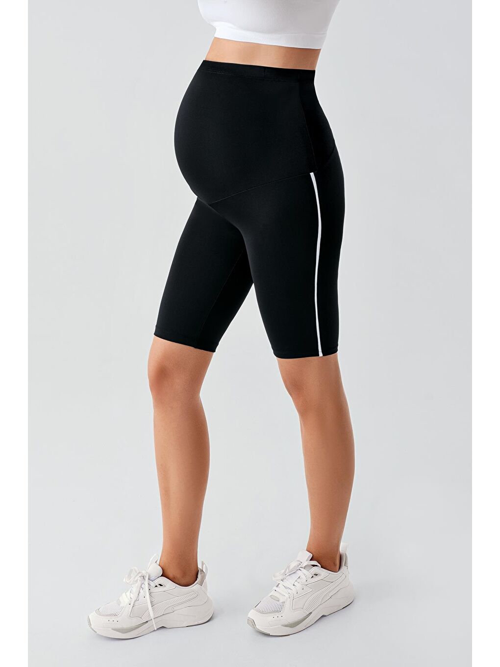 Siyah Biyeli Diz Üstü Biker Esnek Ayarlanabilir Bel Hamile Tayt T27-1