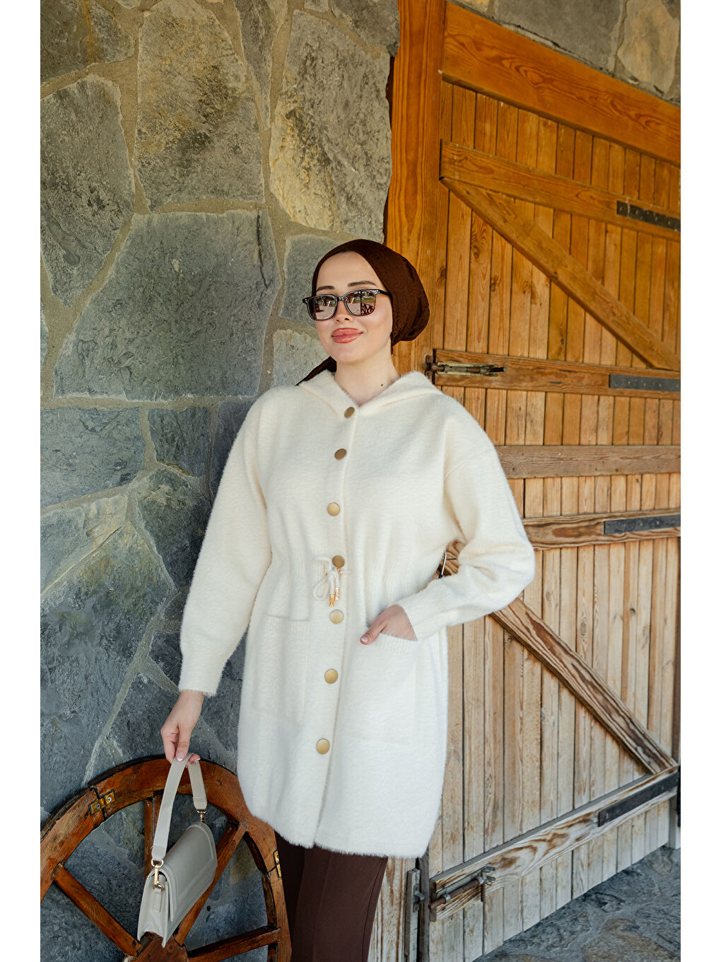 Kadın Kapüşonlu Triko Ceket Bej