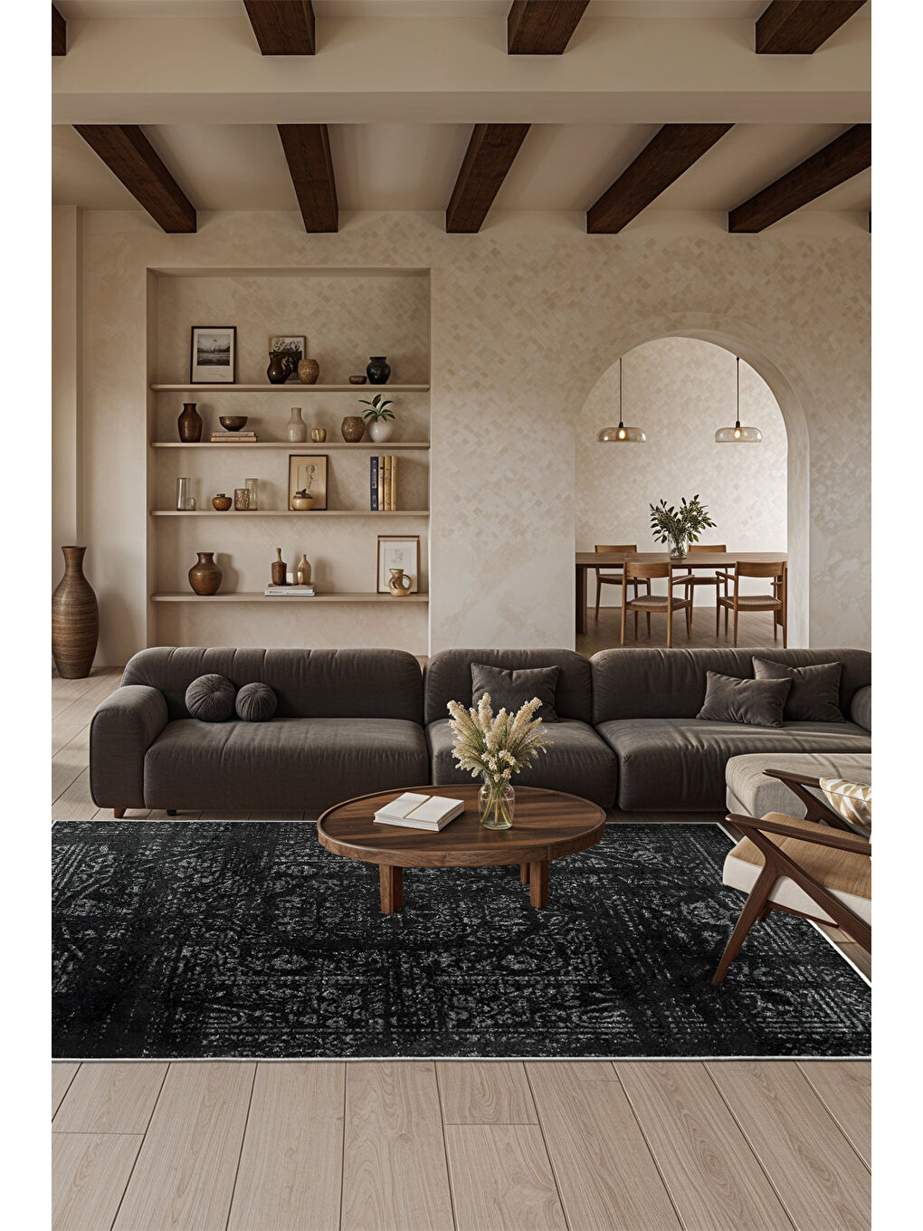 Siyah Dekoratif Özel Tasarım Yıkanabilir İnce Kaymaz Tabanlı Modern Halı KECE FR39-2