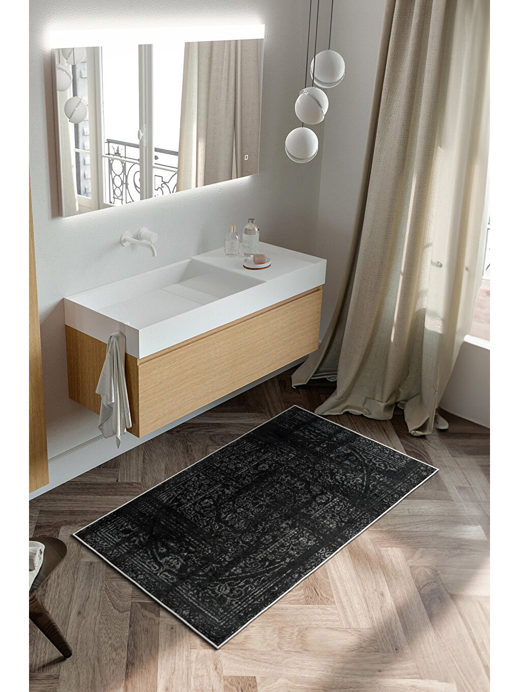 Siyah Dekoratif Özel Tasarım Yıkanabilir İnce Kaymaz Tabanlı Modern Halı KECE FR39-3