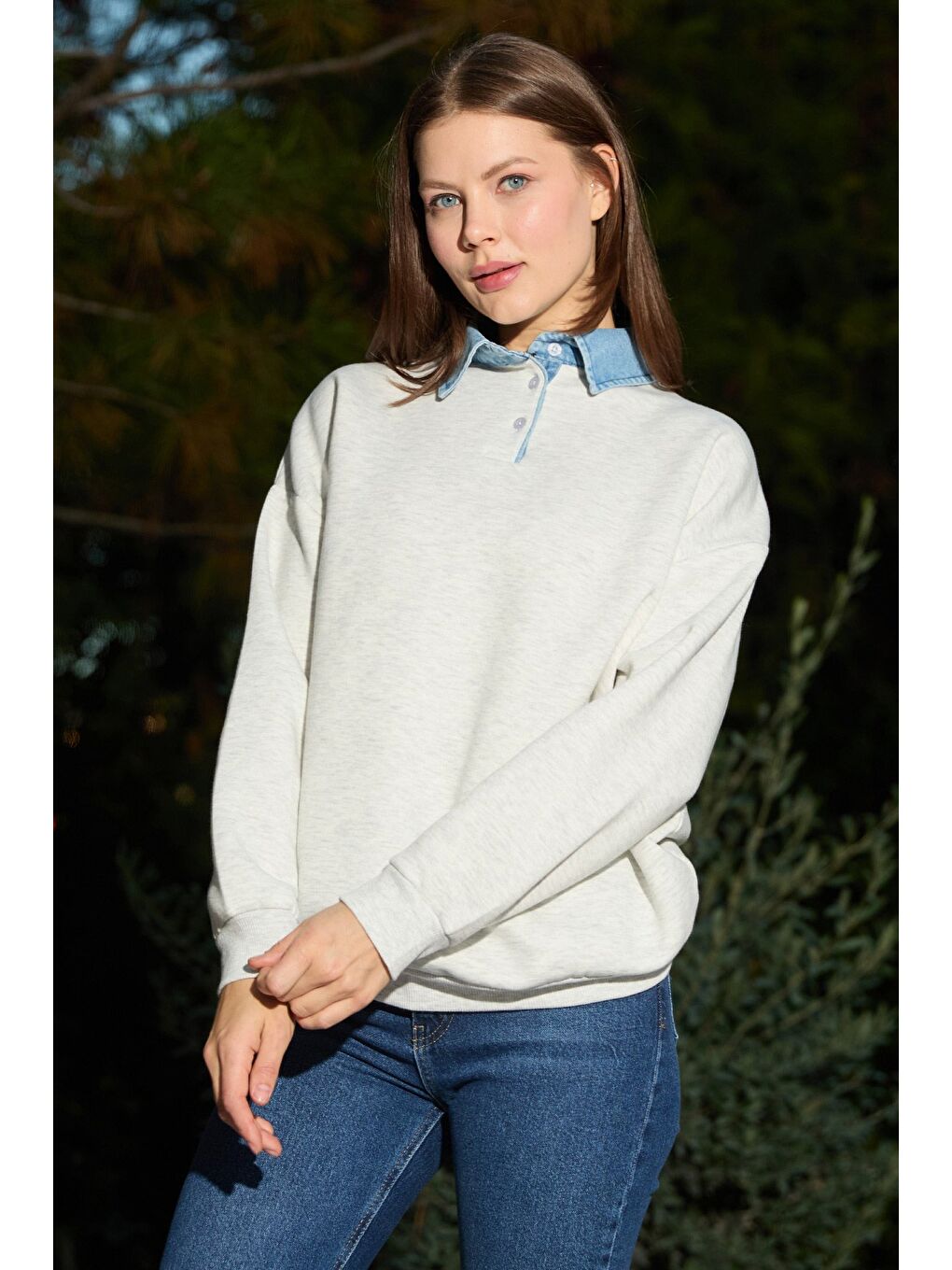 Gri 3 İplik Jean Garnili Gömlek Yaka Oversize Sweatshirt