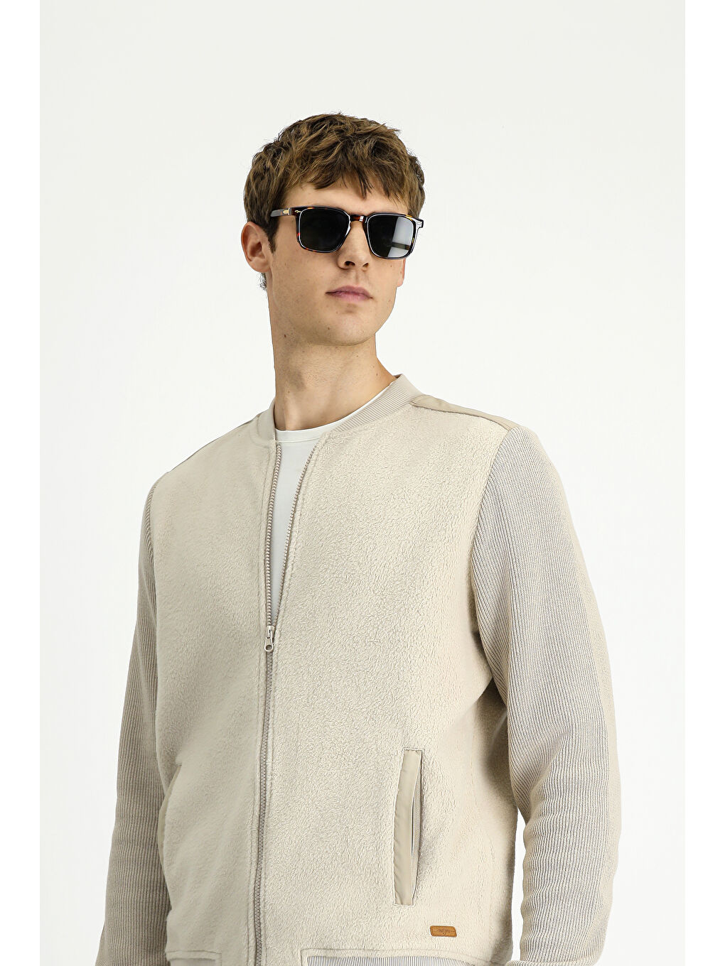 Bej Pamuklu   Erkek Polar Fermuarlı Sweatshirt Hırka Sweat Hırka-3